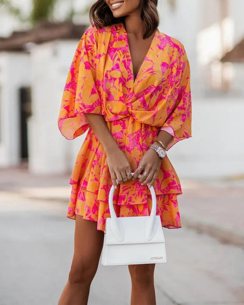 Casual V Neck Bat Sleeves Short Dresses