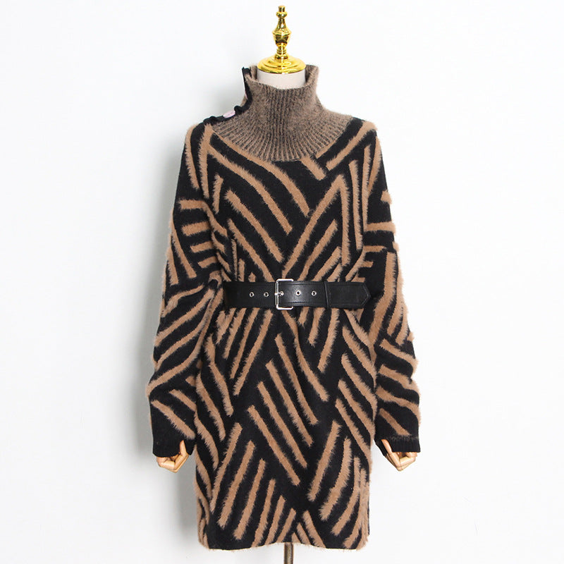 Fashion Designed Stand Collar Long Sleeves Knitted Sweaters with Belt