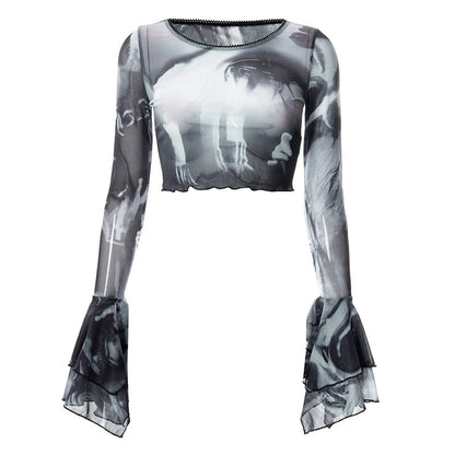 Summer Sexy Trumpet Sleeves Midriff Baring Women Shirts