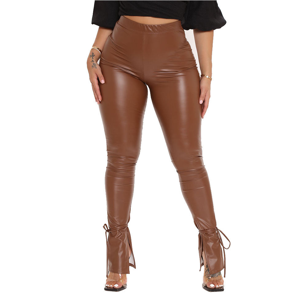 Fashion Elastic Bandage Trumpet Pu Pants