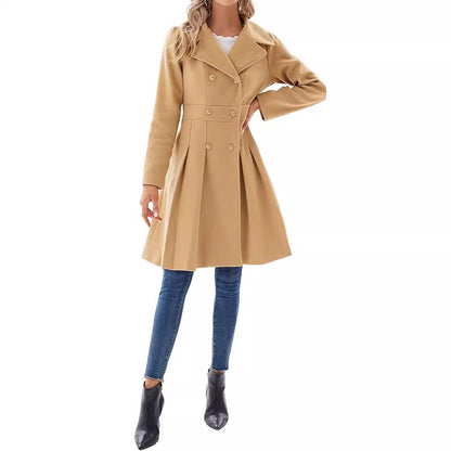 Fashion Women's Trench Coat Lapel Double-breasted Pocket A-shaped Pea Coat