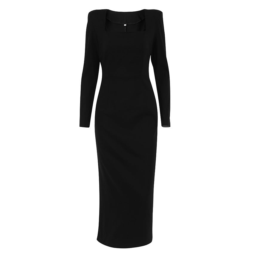 Designed Square Neckline Long Sheathe Black Dresses