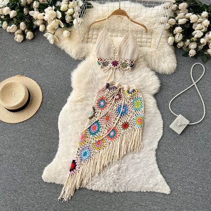 Summer Bohemian Crochet Knitted Strapless Tops & Skirts Women Sets