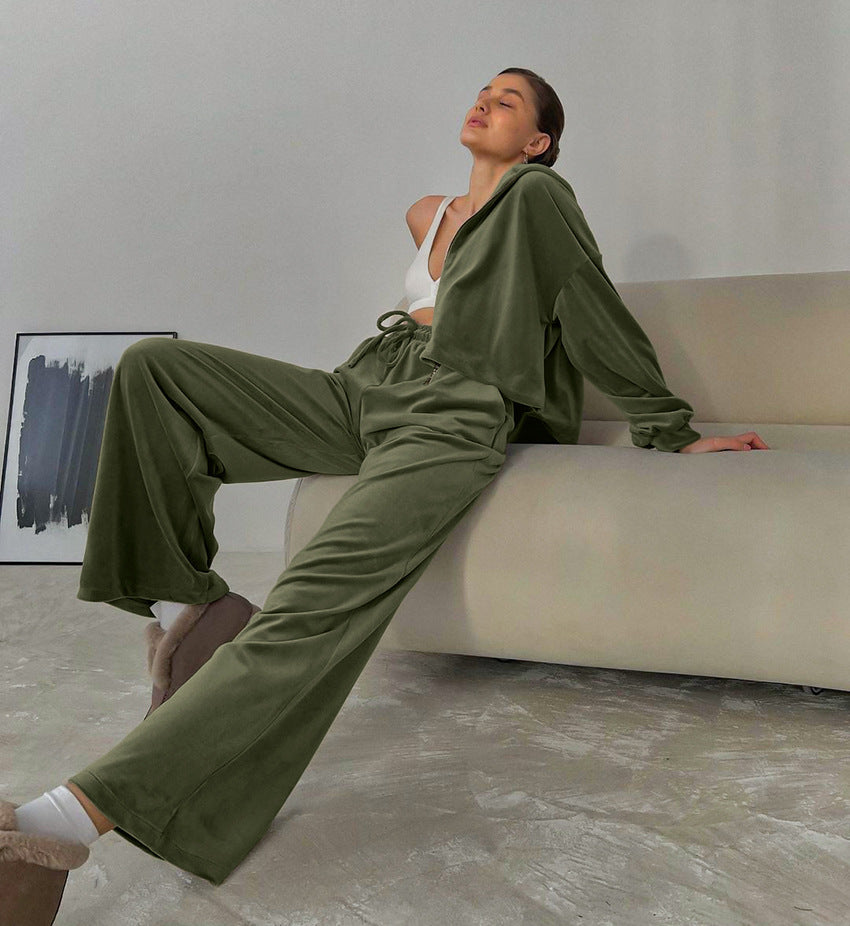 Casual Fashion Pleuch Hoodies & High Waist Pants Women Outfit Sets