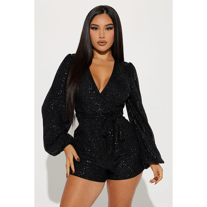 Sexy V Neck Sequined Long Sleeves Short Jumpsuit