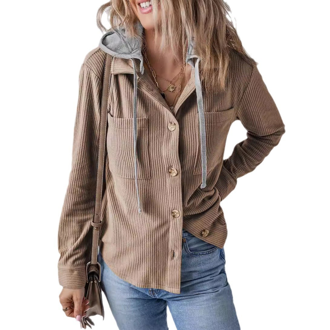 Women Lapel Buckle Cardigan Hooded Pull Rope Striped Jacket Coats