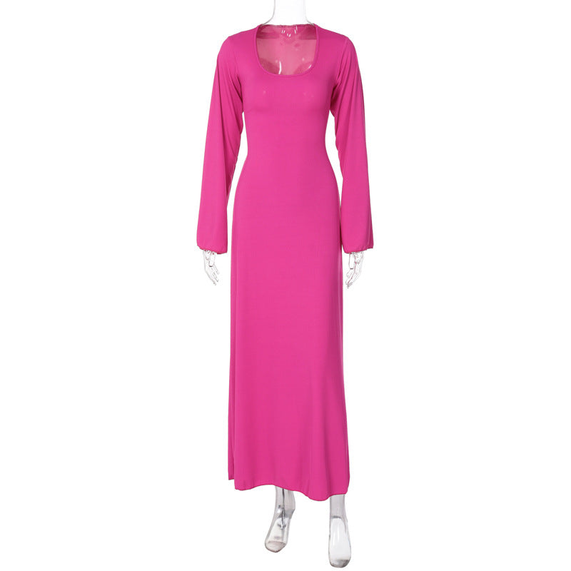 Sexy U Neck Back Lace Up Long Sleeves Dresses