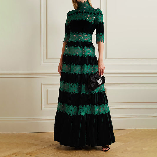 Vintage High Neck Designed Lace Long Dresses
