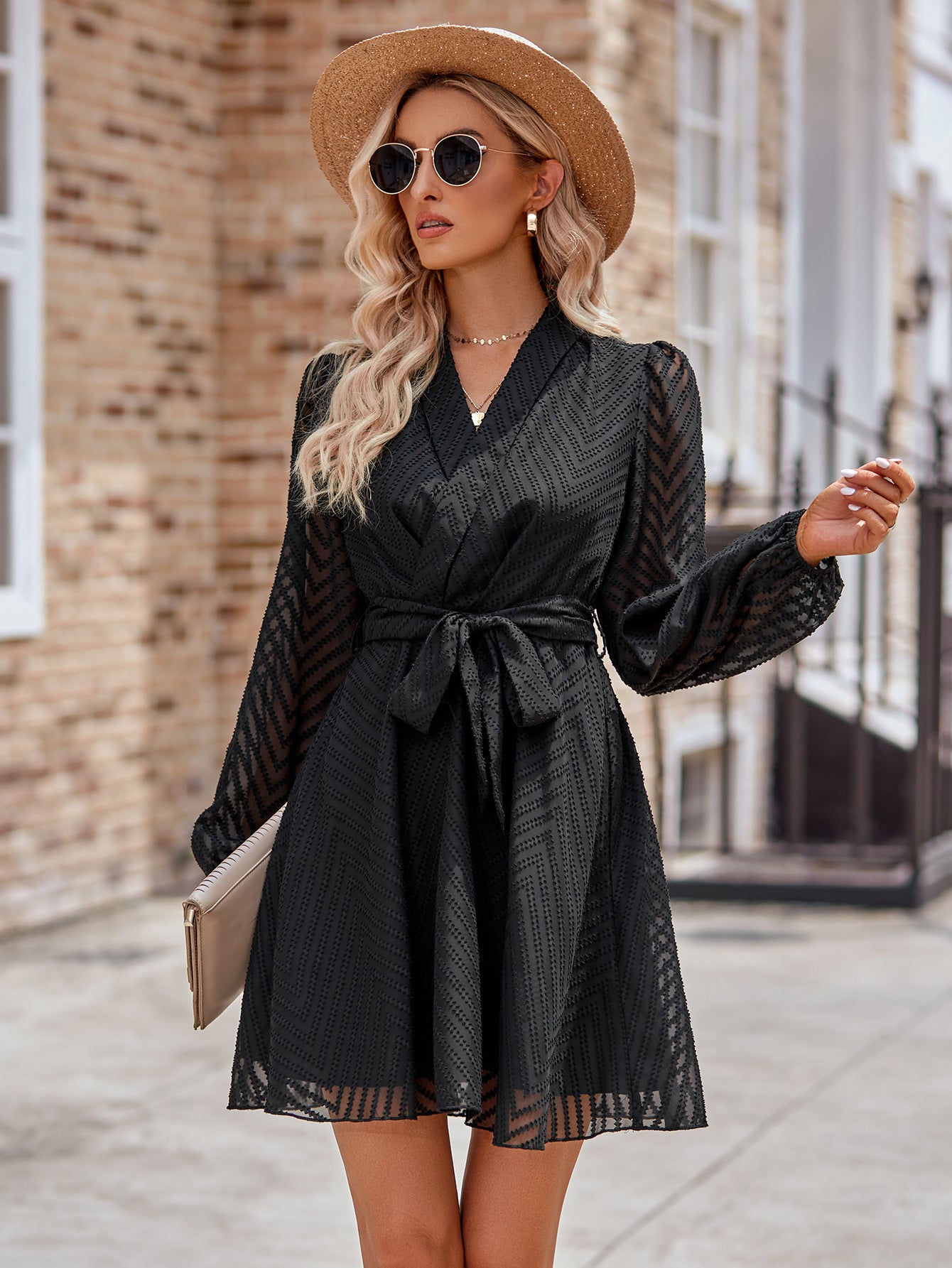 Fashion V Neck Long Sleeves Short Dresses