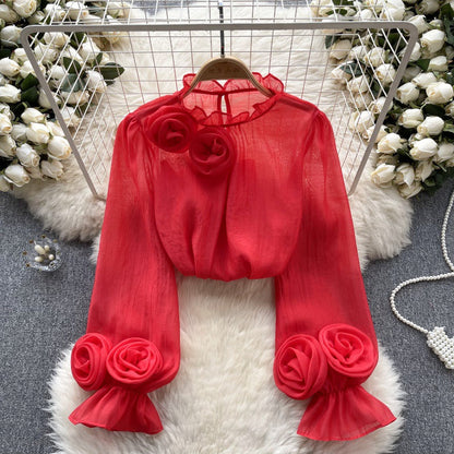 Designed 3D Flowers Chiffon Long Sleeves Shirts