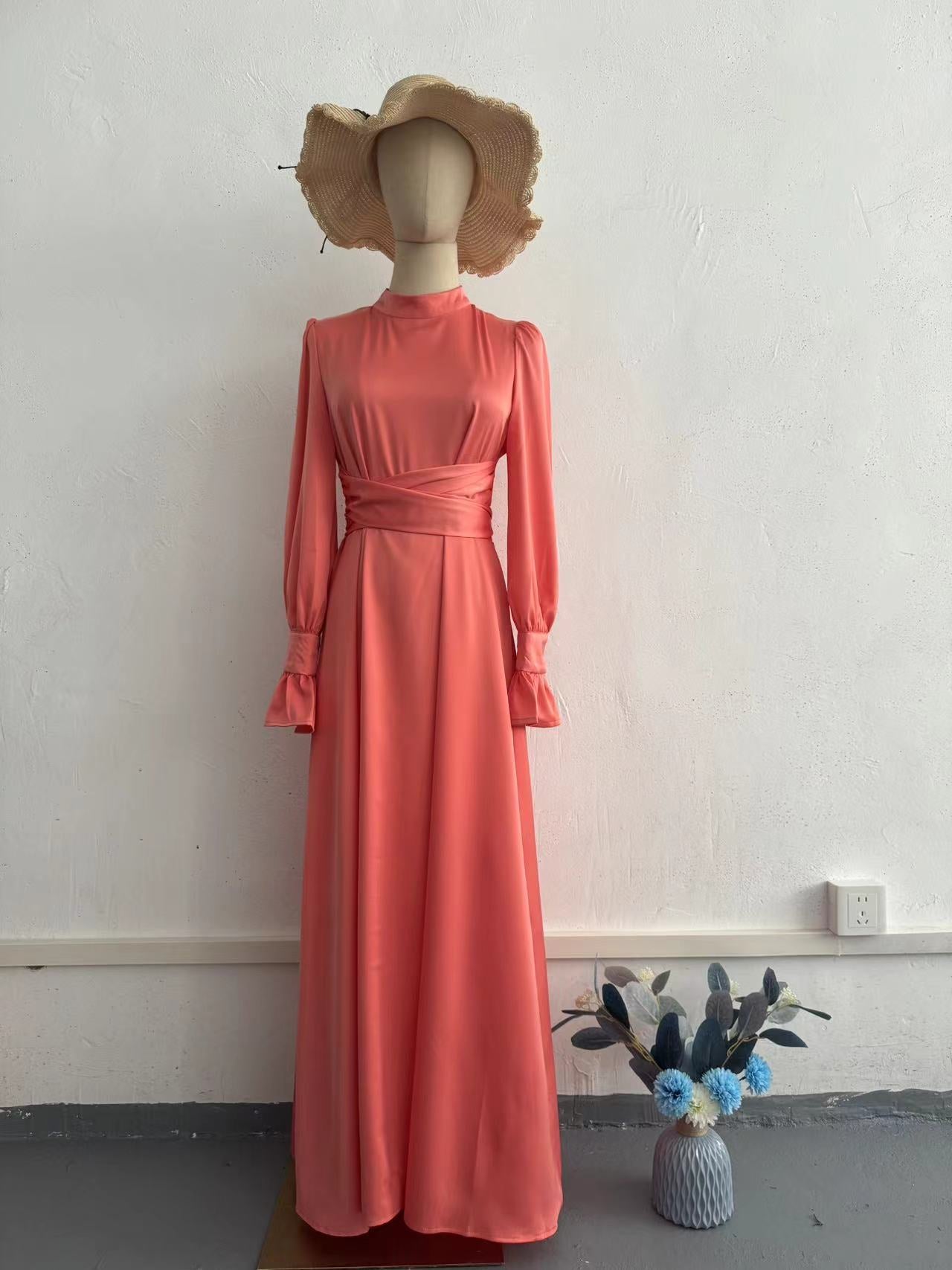 Elegant Long-sleeved Waist-tied Puff-sleeved  Women Dresses