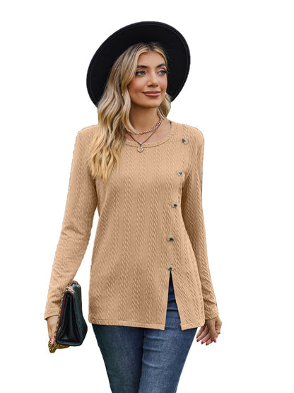 Fashion Round Neckline Button Long Sleeves Shirts