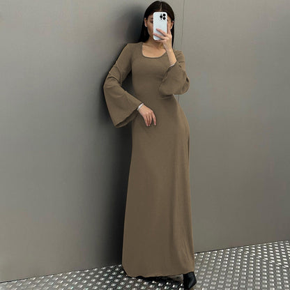 Sexy U Neck Back Lace Up Long Sleeves Dresses