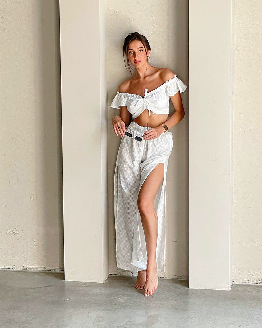 Sexy Designed Ruffled White Two Pieces Sets for Women