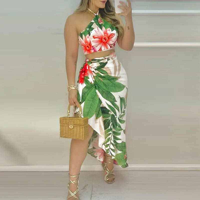Summer Holiday Halter Tops and Irregular Skirts Suits