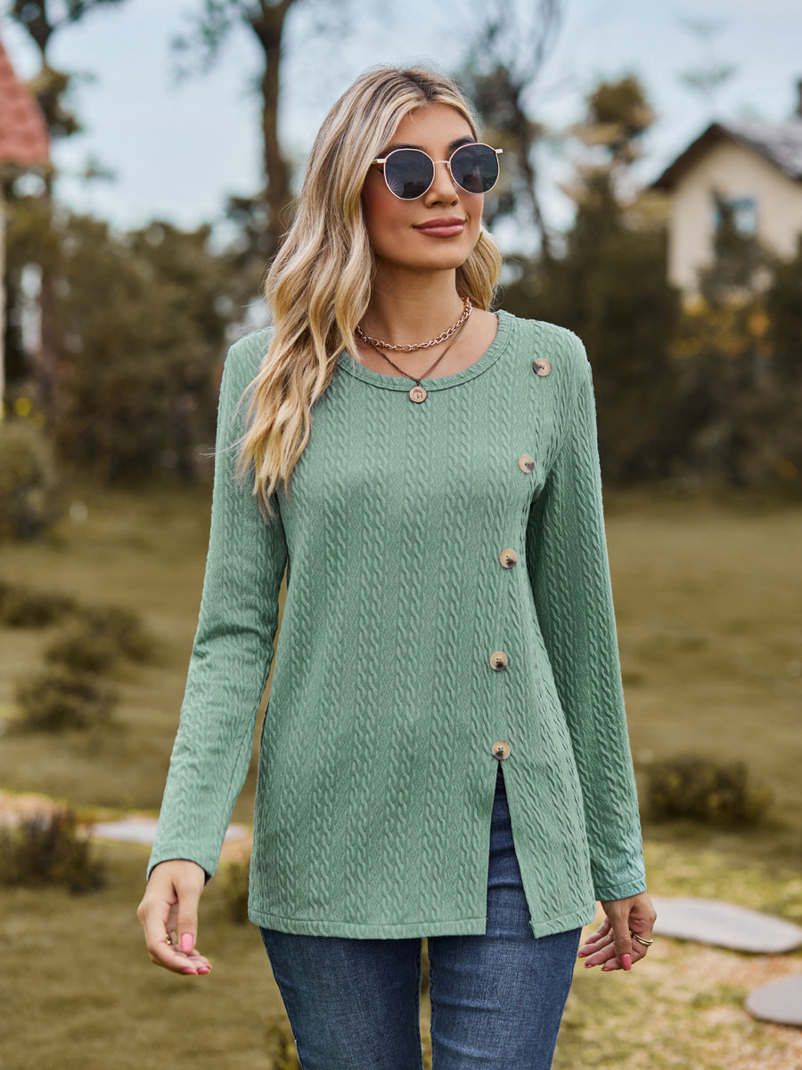 Fashion Round Neckline Button Long Sleeves Shirts