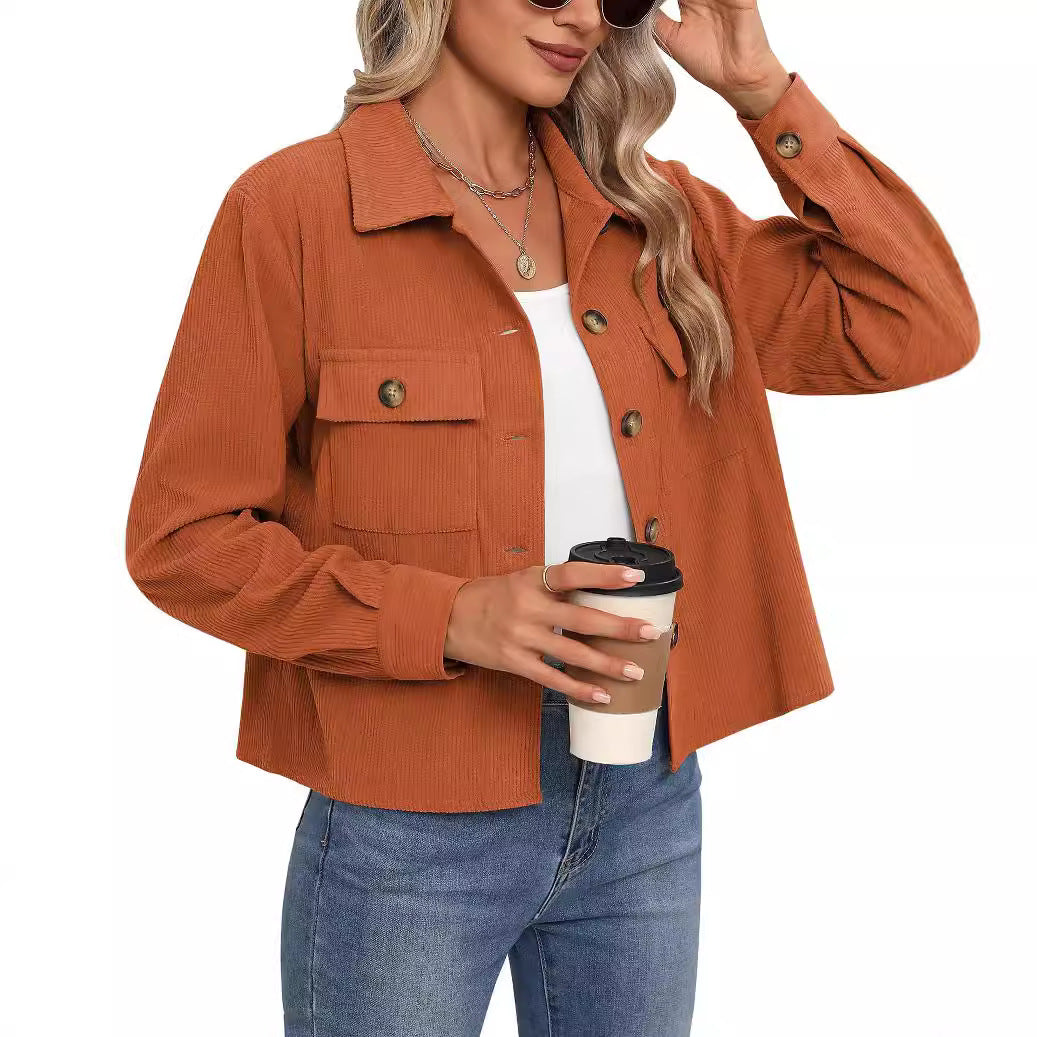Women's Fashion Casual Short Shirt Corduroy Button-up Top Jackets