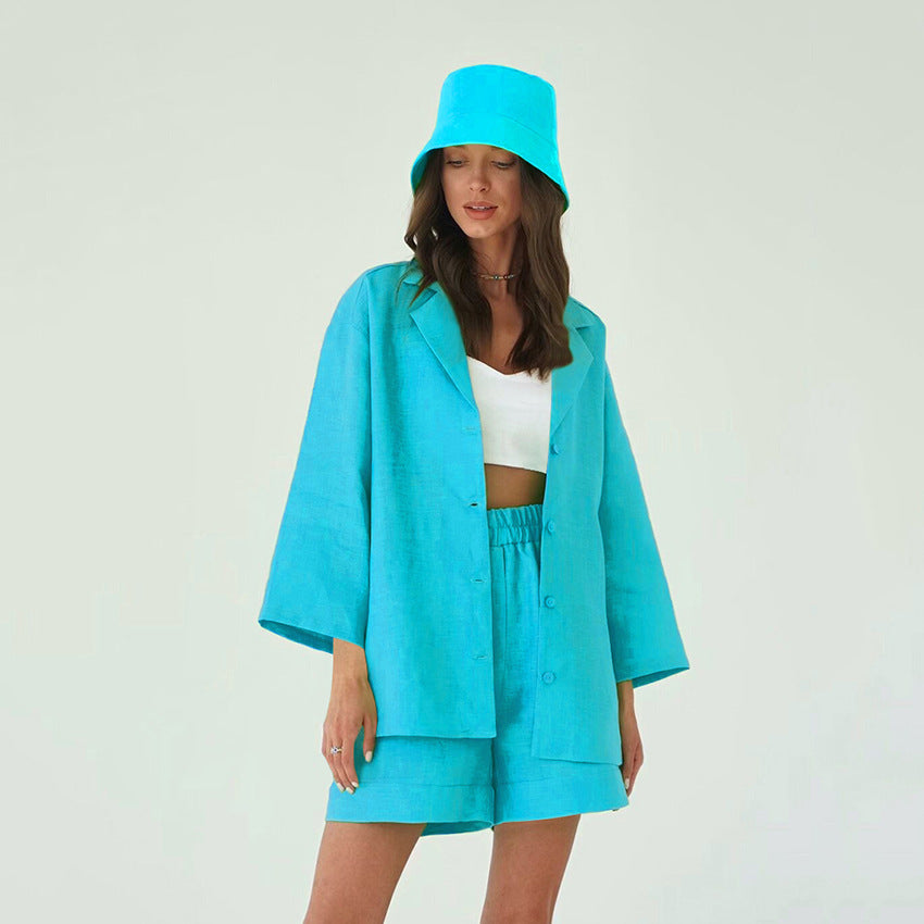 Summer Cotton Long Sleeves Shirts and Shorts Suits