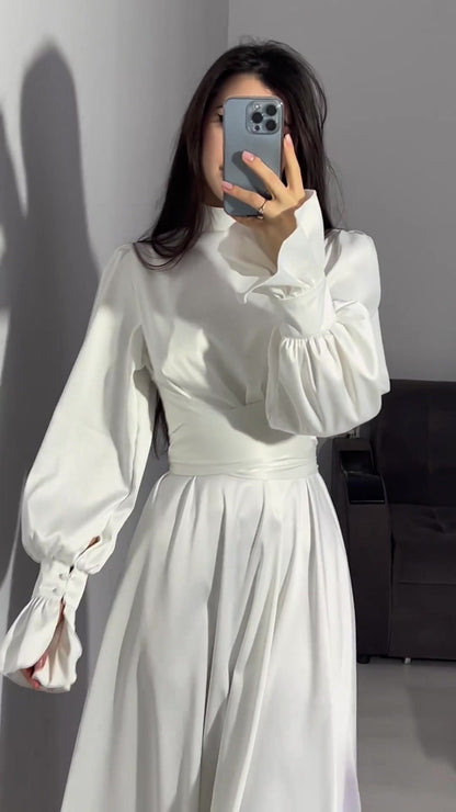Elegant Long-sleeved Waist-tied Puff-sleeved  Women Dresses