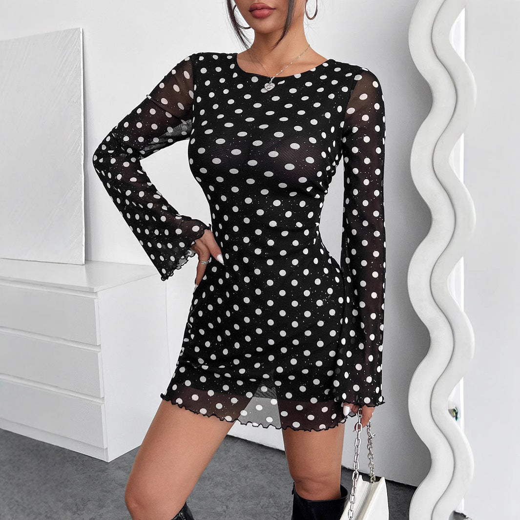 Elegant Women's Mesh Polka Dot Printing Round Neck Backless Long-sleeves Dresses
