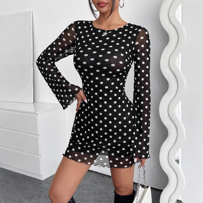 Elegant Women's Mesh Polka Dot Printing Round Neck Backless Long-sleeves Dresses