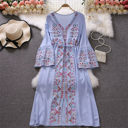 Bohemian Summer V Neck Long Vacation Dresses