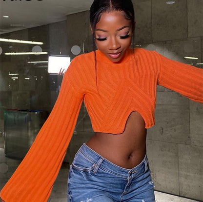 Sexy Irregular Midriff Baring Short Knitted Tops