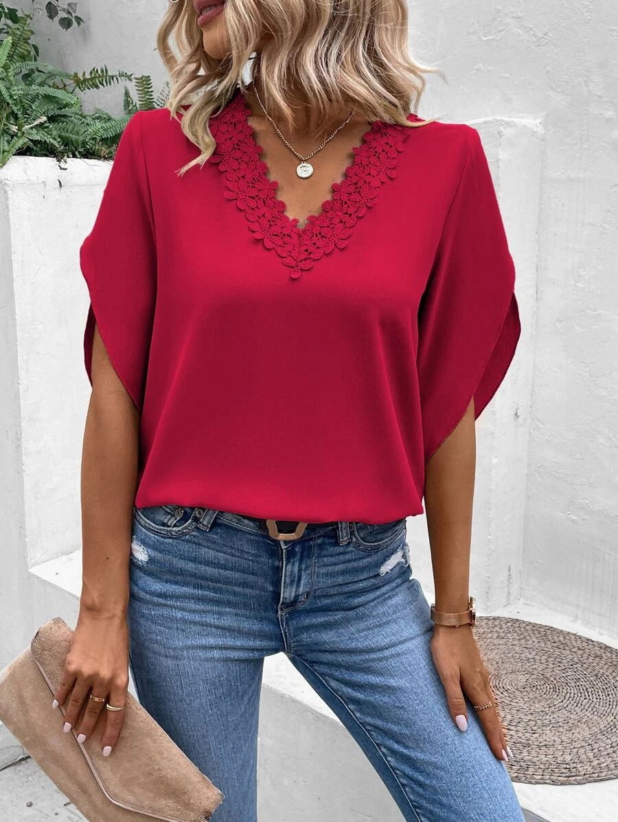 Summer Women's Solid Color Lace V-neck Horn Sleeve Loose Shirt Blouse