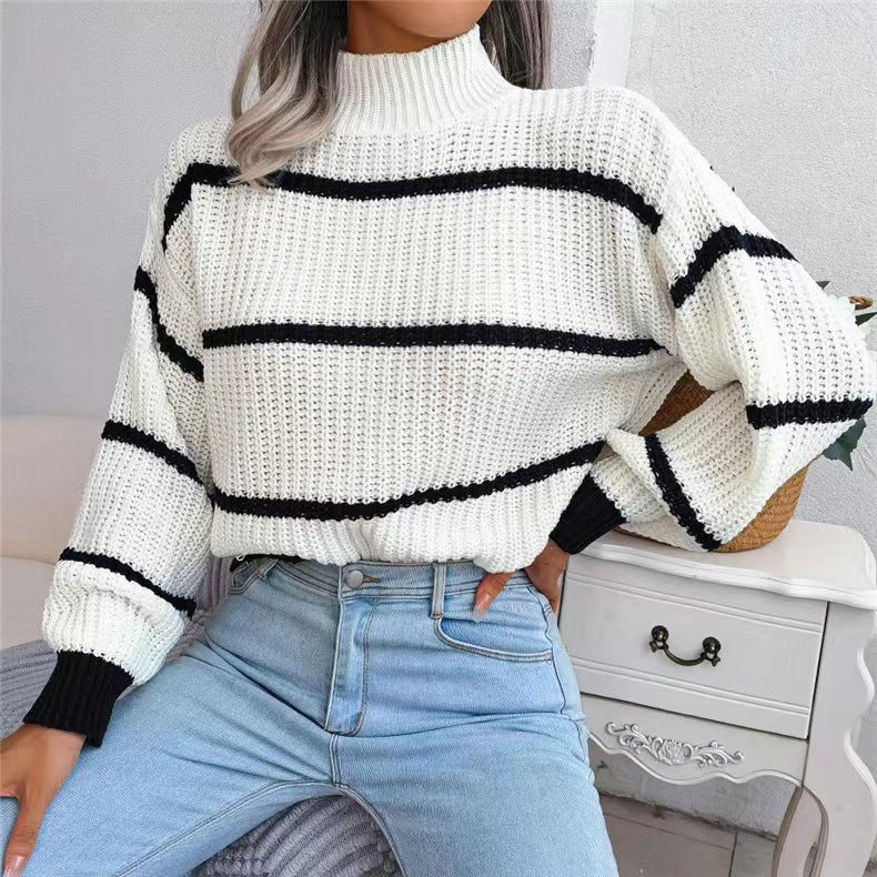 Fashion Striped High Neck Knitted Pullover Sweaters