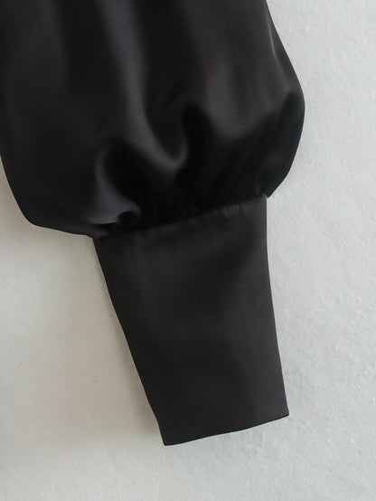 Black Satin Summer Short Blouses for Women