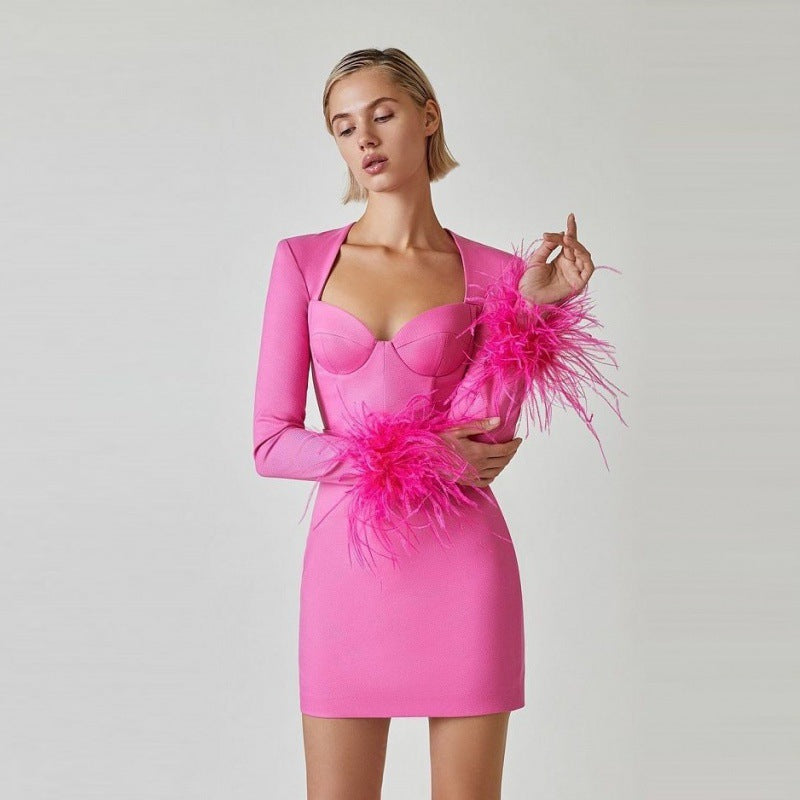 Sexy Square Neckline Feather Design Mini Dresses