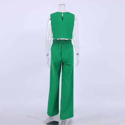 Casual Cotton Linen Sleeveless Tops & Wide Legs Pants