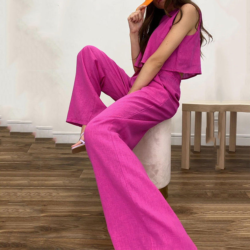 Casual Cotton Linen Sleeveless Tops & Wide Legs Pants