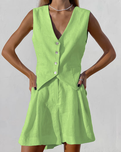 Designed Linen Cotton Summer Sleeveless Tops and Shorts Sets