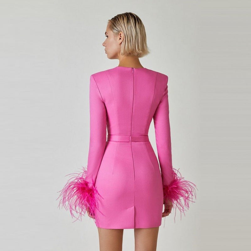 Sexy Square Neckline Feather Design Mini Dresses