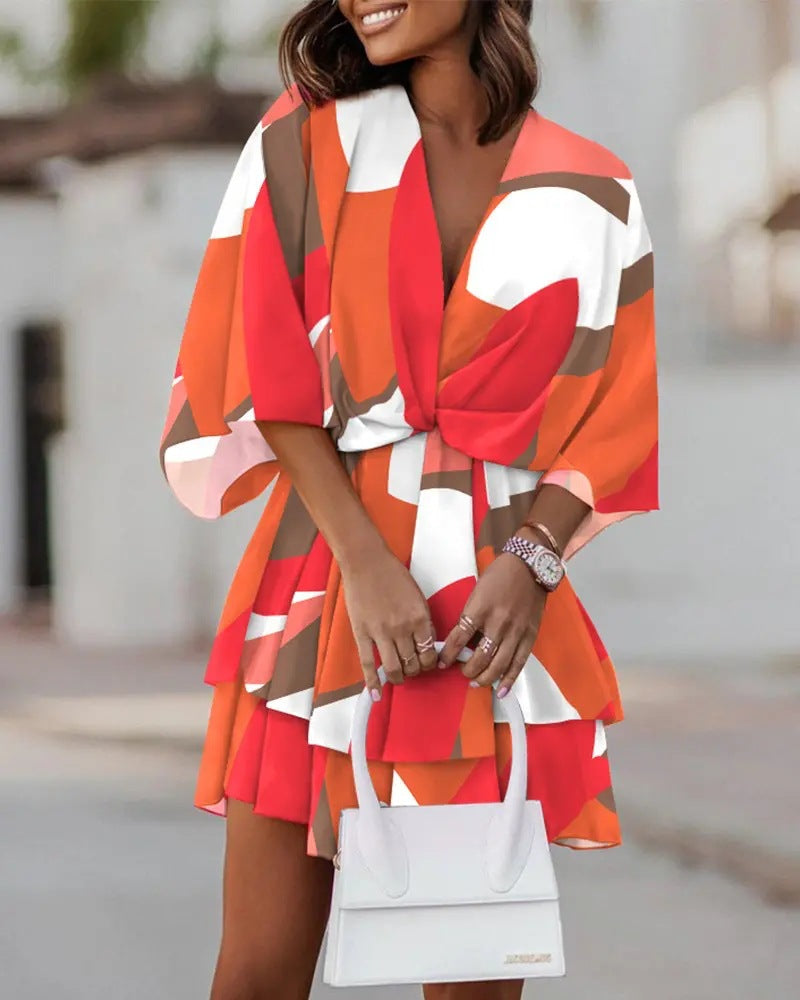 Casual V Neck Bat Sleeves Short Dresses