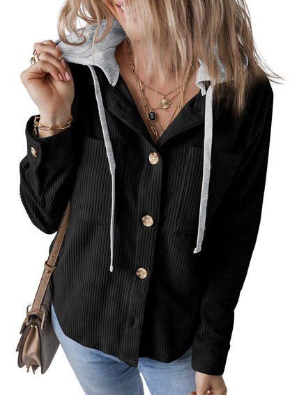 Women Lapel Buckle Cardigan Hooded Pull Rope Striped Jacket Coats
