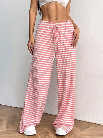 Casual Women Striped Solid Color Pull Rope Cotton Straight Pants