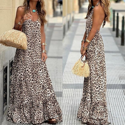 Sexy V Neck Leopard Long Maxi Dresses