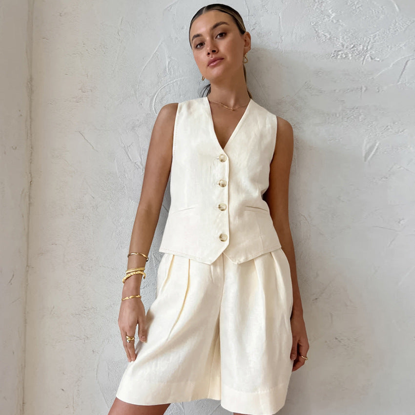 Ivory Cotton Linen Sleeveless Vest and Shorts Suits