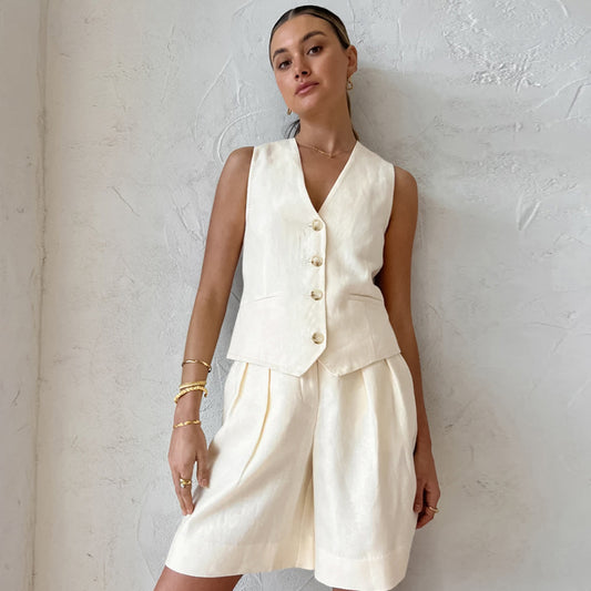 Ivory Cotton Linen Sleeveless Vest and Shorts Suits
