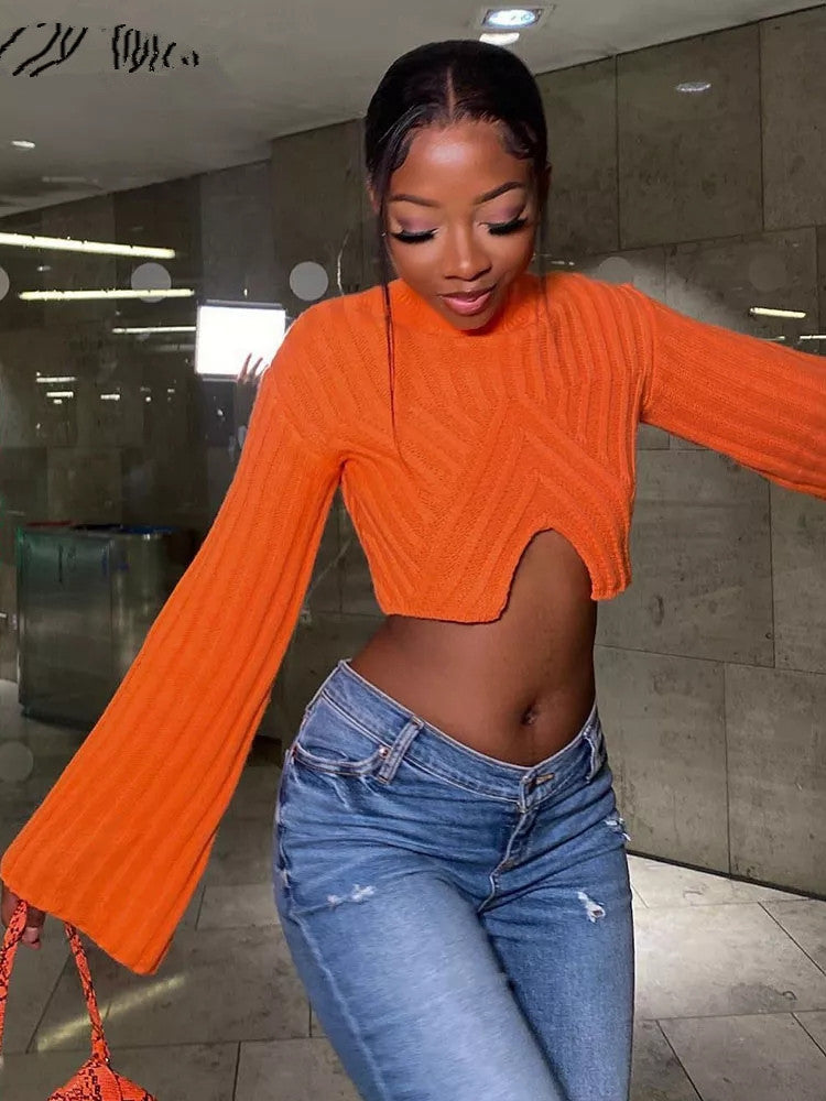 Sexy Irregular Midriff Baring Short Knitted Tops