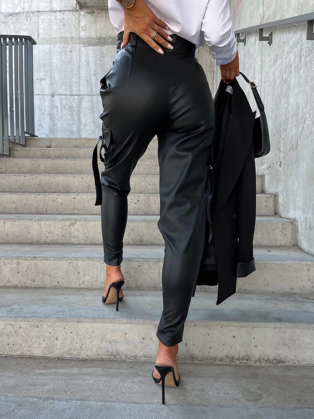 Fashion Pu Leather Slim Waist Women Pants with Pocket