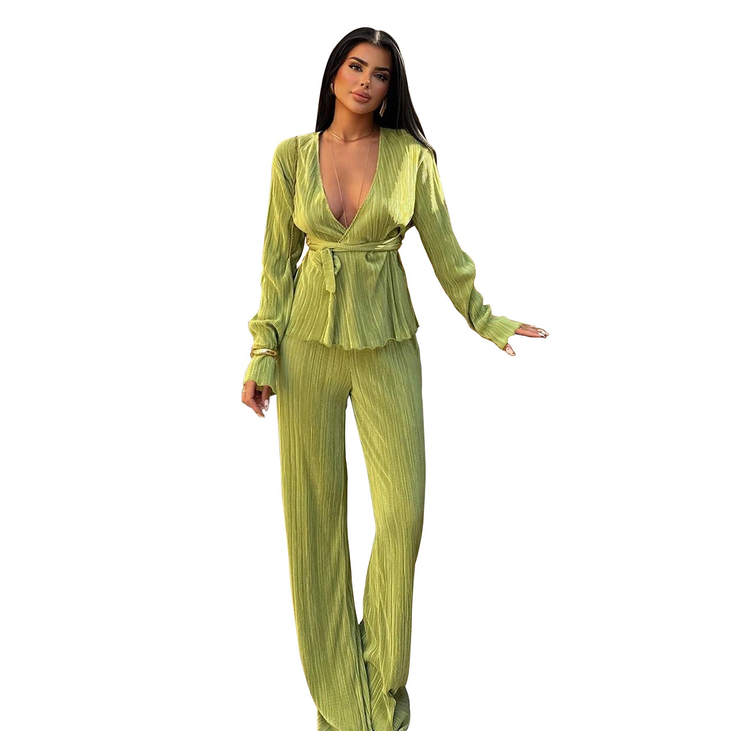Casual V Neck Long Sleeves Tops and Pants Two Pieces Suits