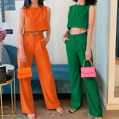 Casual Cotton Linen Sleeveless Tops & Wide Legs Pants