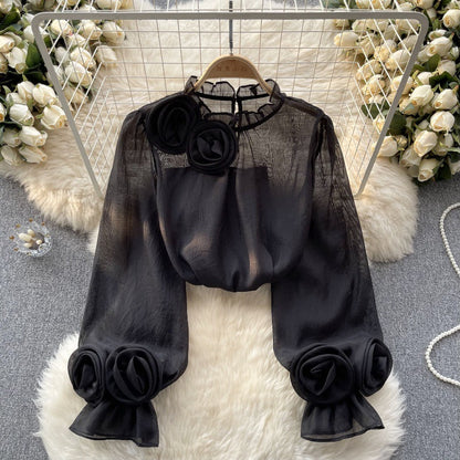 Designed 3D Flowers Chiffon Long Sleeves Shirts