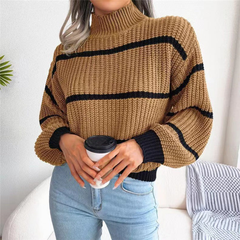 Fashion Striped High Neck Knitted Pullover Sweaters