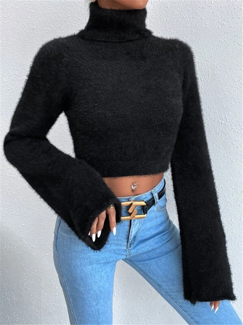 Casual High Neck Midriff Short Sweaters