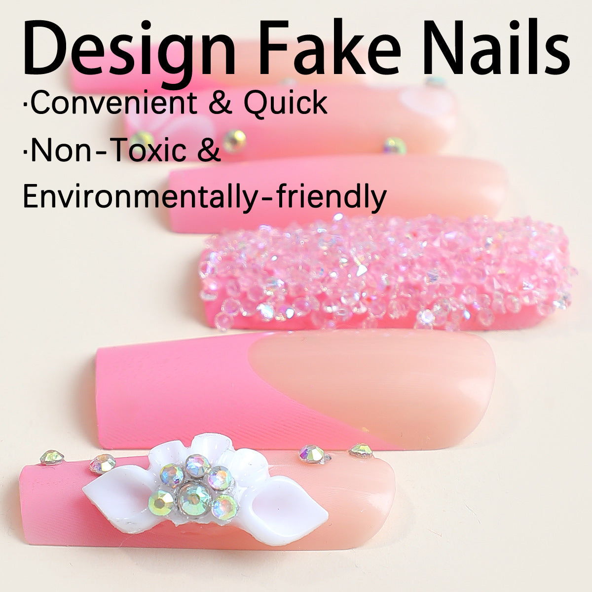 Valentine's Day Pink Small Rhinestone Press on Nails