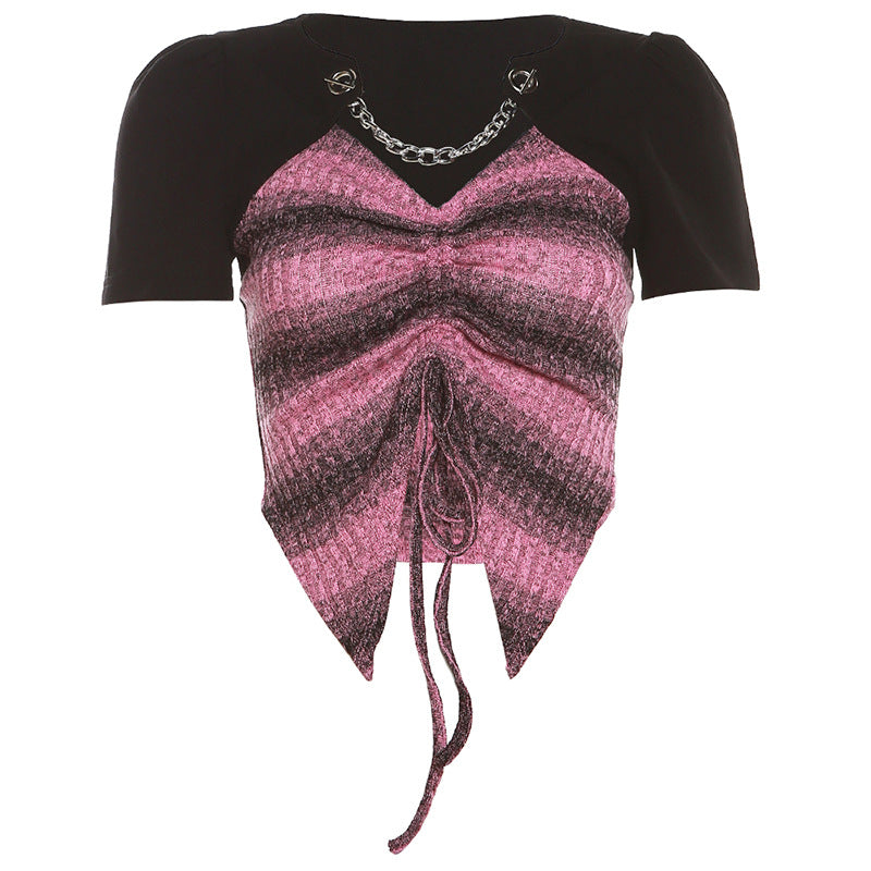 Fashion Drawstring V Neck Short Sleeves T Shirts